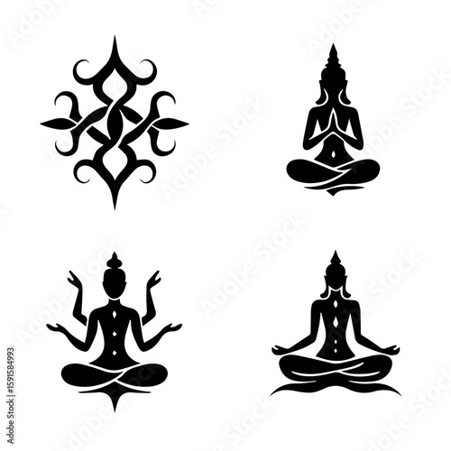 Black silhouettes of meditating figures and an abstract mandala design