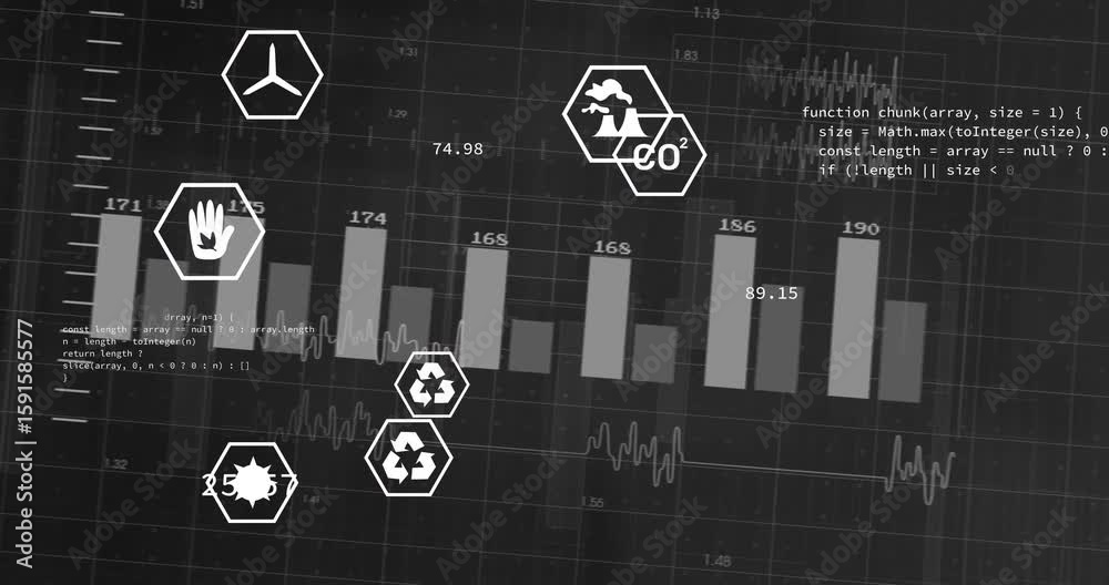 Dark grid dashboard starting sliding bars, moving icons, updating labels showing data monitoring