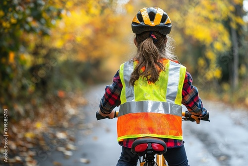 Rear view of a little girl in a reflective vest riding a bike on the road, emphasizing road safety education for young cyclists, Generative AI