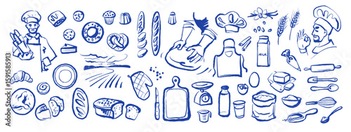 Whimsical baking set with chef, ingredients and tools in sketch style. Vintage culinary process, cozy kitchen, bakery branding. Hand drawn vector illustration