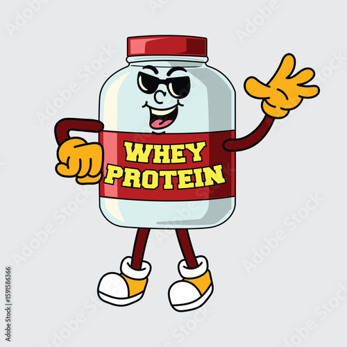 Cute Whey protein cartoon character smiling, posing confidently with gloves and sneakers