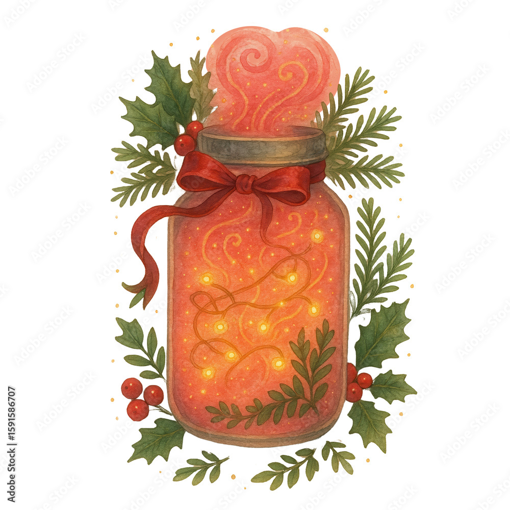 Fototapeta premium A glowing jar filled with warm orange light and swirling patterns, decorated with a red ribbon and surrounded by holly leaves and berries.