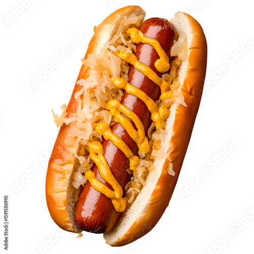 Appetizing hot dog with yellow mustard and sauerkraut on a black background, a tempting and delicious culinary classic