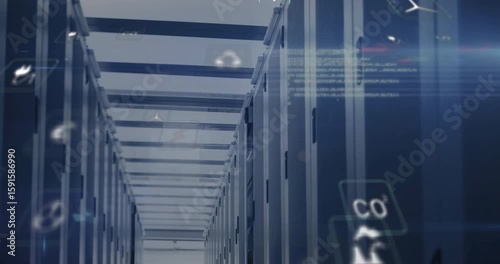 Opening server aisle view starting glowing energy icons floating pulsating for eco monitoring