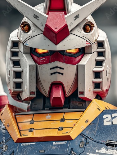 A close-up photo of the head and chest of a Gundam, with its iconic red, yellow, and white color scheme