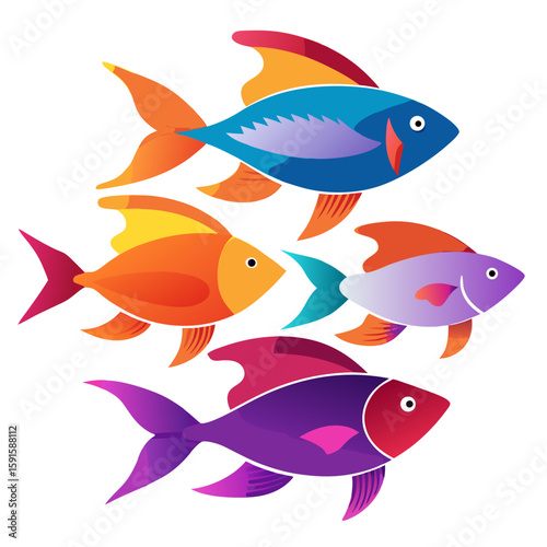 Colorful fish graphic featuring a collection of swimming fish with vibrant fins, perfect for a logo or nautical themed design.
