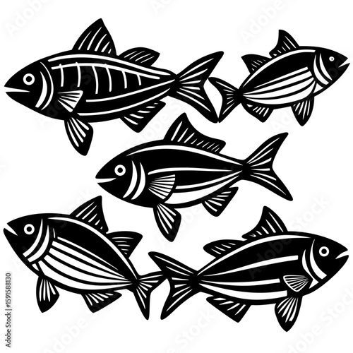 Graceful shoal of fish swimming in the ocean, a simple stylized design perfect for nautical themes, logos, and fishing industry graphics.