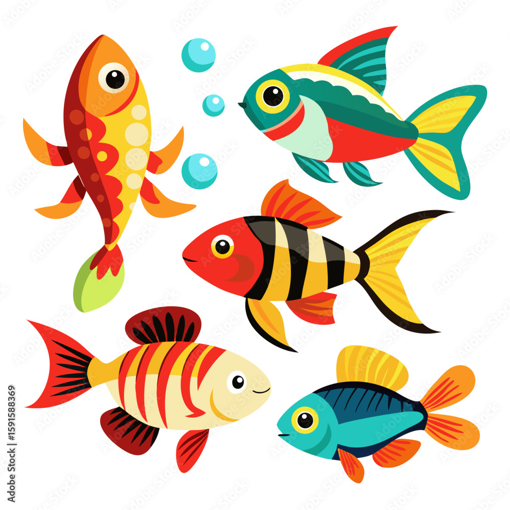 Naklejka premium Adorable collection of colorful fish swim together in a cute aquatic themed style, great for designs featuring marine life or playful ocean themes.