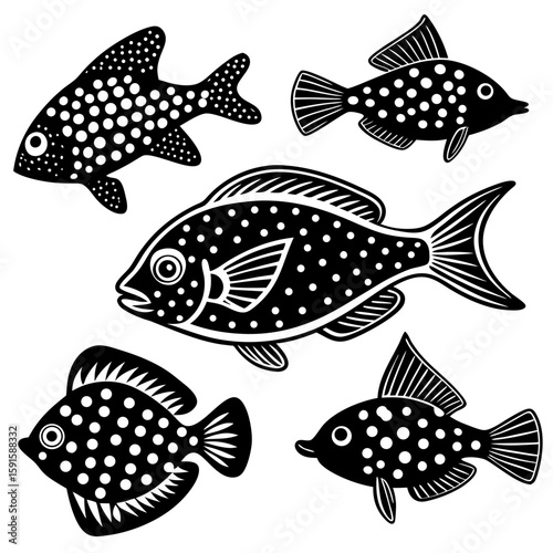 A whimsical shoal of spotted fish in black and white, perfect for nautical designs, logos, or children's book artwork.