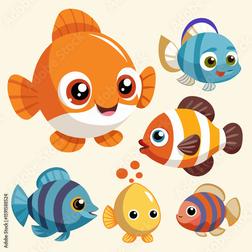 Cheerful group of cartoon fish swimming together, an attractive design for children's books, logo creation, and vibrant educational projects.
