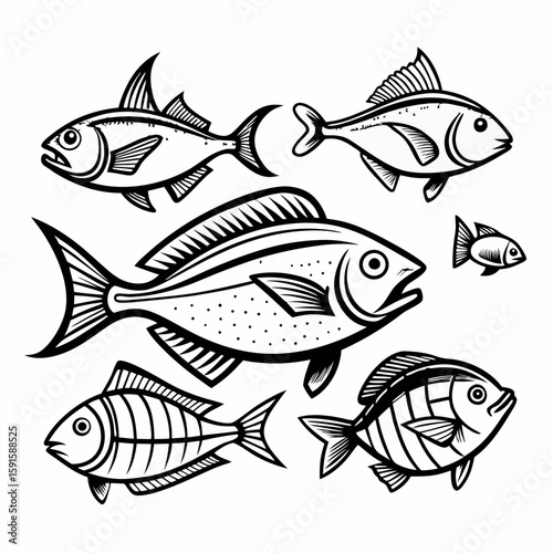 Artistic collection of fish designs in black and white showcasing diverse fin types and sizes for graphic elements.