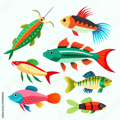 Cartoon fish aquatic life with different colors creates a vibrant pattern, perfect for backgrounds, textile designs, or educational material.
