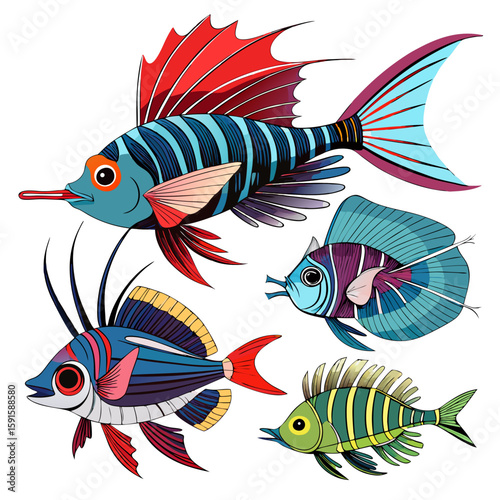 Vivid tropical fish collection presents a stylized aquatic design, perfect for marine life themes or ocean-inspired creative projects.
