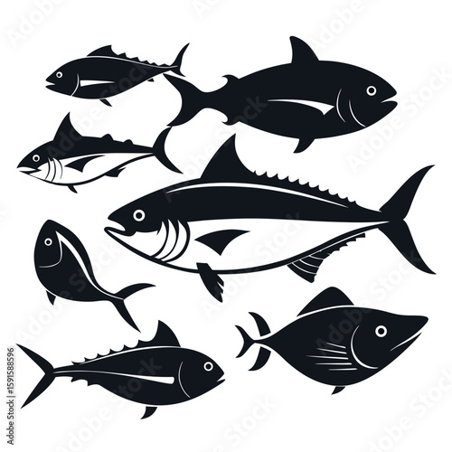Elegant shoal of fish swimming design in simple black, a stylish graphic element perfect for seafood menus, restaurant branding, or marine-themed projects.