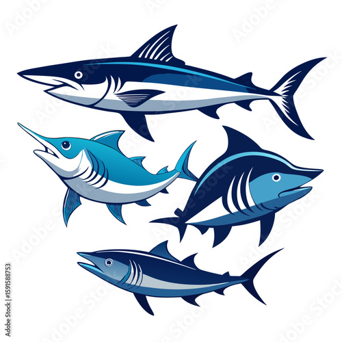 Stylized sea life features a collection of fish including a shark, marlin, and tuna, suitable for marine themed designs.