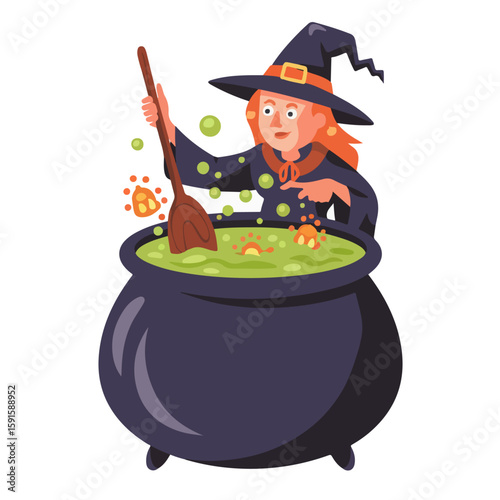 Cartoon Halloween witch stirring green magic potion in large cauldron