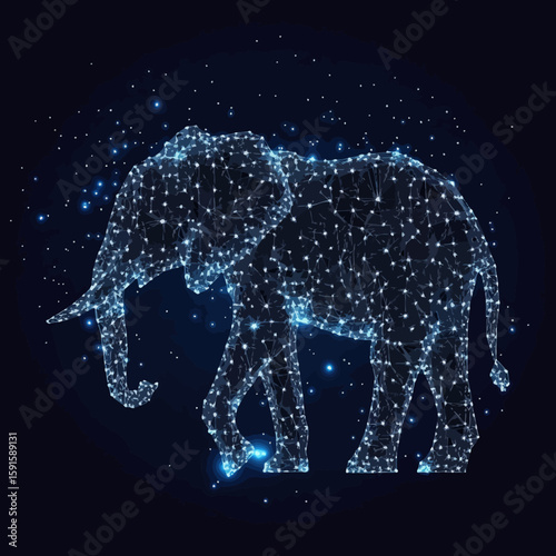 Digital polygonal elephant silhouette composed of glowing interconnected stars and lines on dark space background vector illustration