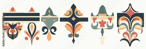 Set of six flat minimalist vintage ornamental border elements with symmetrical floral and abstract geometric shapes in muted earth tones for design decoration and framing