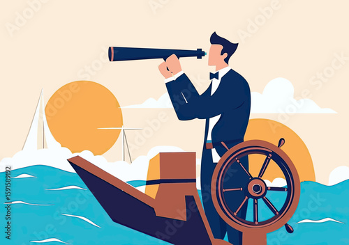 Businessman steering ship wheel and looking through telescope on boat navigating ocean waves with wind turbines and sailboat background vector illustration flat design