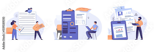 Flat minimalist vector business people preparing tax documents filling forms calculating income tax returns and invoices in office setting illustration