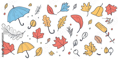 Hand drawn autumn falling leaves umbrella sketch elements in flat minimalist vector style with yellow orange red and blue colors autumn season nature doodle set