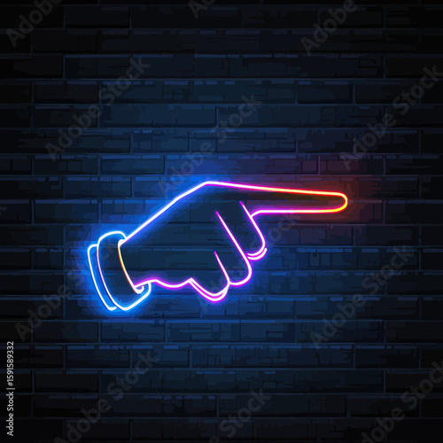 Neon glowing hand with pointing index finger bright colorful tube light on dark brick wall background vector illustration digital sign emblem symbol gesture direction concept