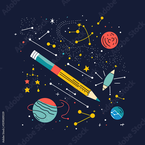 Space themed pencil with planets stars constellations and cosmic elements back to school education concept flat minimalist vector illustration