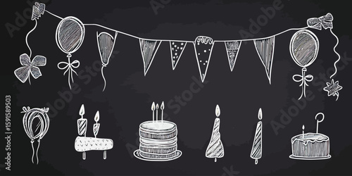Hand drawn chalkboard style birthday cake candles balloons and party flag garland celebration decorations doodle vector illustration