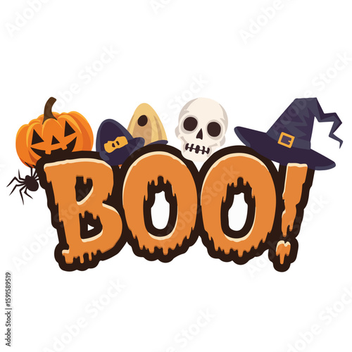 Halloween BOO text with pumpkin jack o lantern bats spider webs scary spooky typography festive decoration illustration for holiday celebration