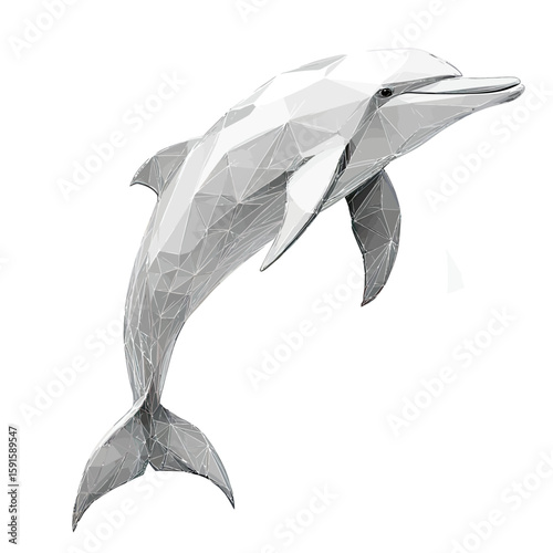Low poly style gray dolphin jumping with geometric wireframe design isolated on white background, marine animal illustration for technology and nature concepts