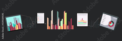 Abstract business analytics dashboard with colorful vertical bar charts, line graphs, pie chart, and data visualization elements on dark background vector illustration