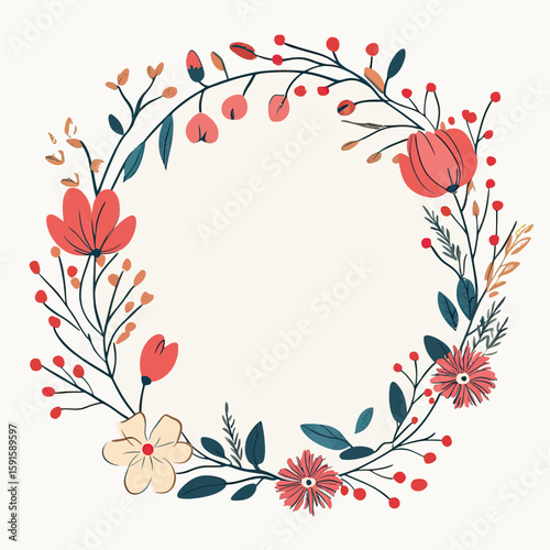 Hand drawn floral wreath circle frame with red and beige flowers and blue leaves decorative vector illustration minimalist style for invitations and decoration