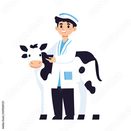Smiling male veterinarian in white lab coat standing beside black and white dairy cow cartoon flat vector illustration