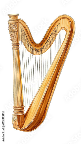 Golden wooden harp musical instrument with carved classical details and tension strings vector illustration