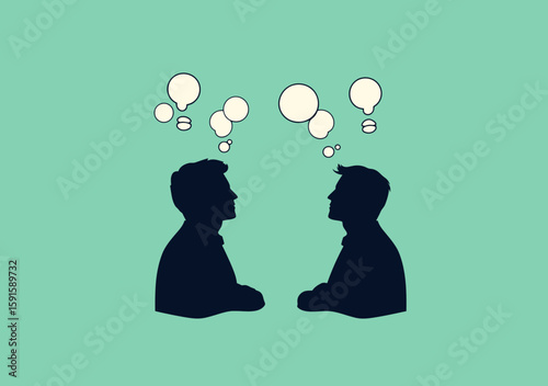Silhouettes of two men facing each other with multiple identical thought bubbles above heads on teal background representing shared ideas and communication concept