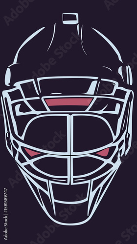 Minimalist ice hockey goalie helmet face mask silhouette with protective cage in flat vector style on dark background for sports design