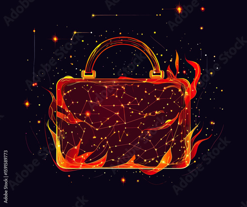 Abstract briefcase burning in flames composed of glowing stars and constellations on dark background with fiery digital network connections for business concept illustration
