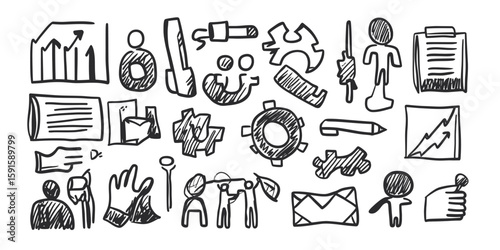Hand drawn doodle business icons set with charts, gears, tools, people, envelope, clipboard, and thumbs up symbols in sketch style illustration