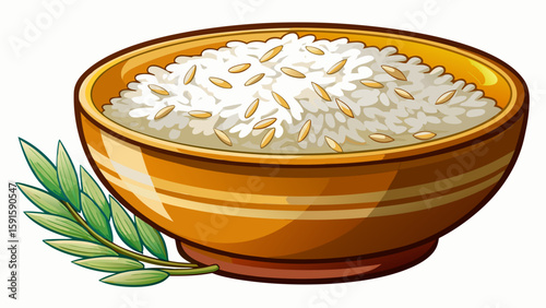 Steamed white rice in a simple ceramic bowl on white background. Fluffy grains and clean presentation capture purity and simplicity, perfect for a wholesome, healthy vector food concept.

