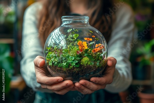 Shop assistant holding a terrarium in an indoor potted plant store, representing the growth of small businesses and the joy of gardening and plant care, Generative AI