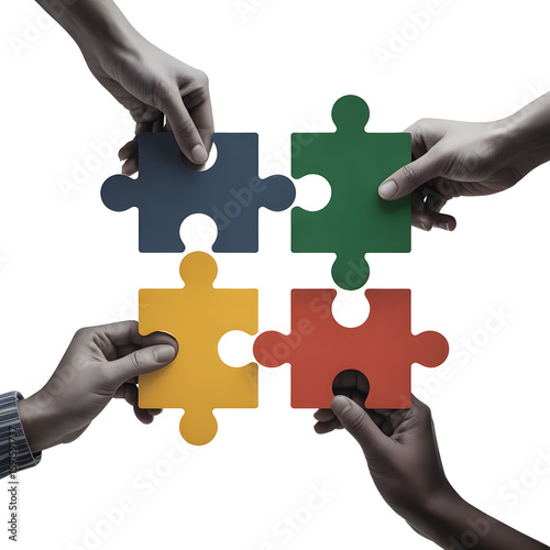 Four hands connecting vibrant colored jigsaw puzzle pieces isolated on a transparent background