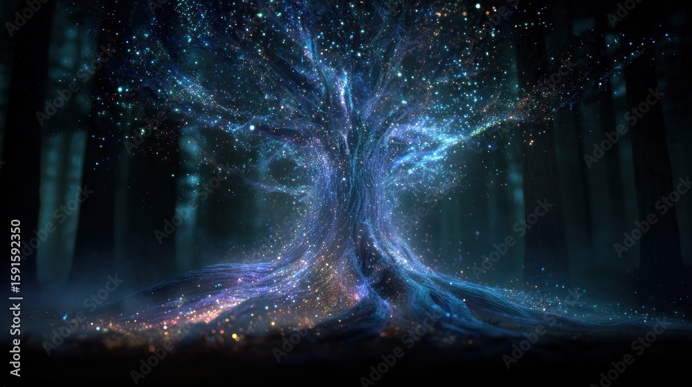 Fototapeta premium Mystical glowing tree in dark forest