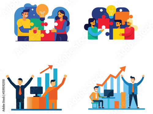 Business Teamwork and Success Illustration Set on Transparent Background