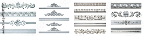Set of Silver Decorative Borders and Ornaments Isolated on White