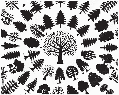 Black and white illustration featuring a variety of tree silhouettes on a white background design pattern