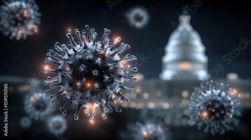 Government institutions represented as white blood cells combatting economic viruses with digital antibodies of innovation in a futuristic setting