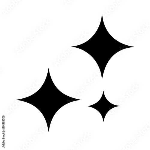 Minimalist black vector icon of four pointed star shapes, symbolizing sparkle, shine, and cleanliness. Clean, simple design on a transparent background