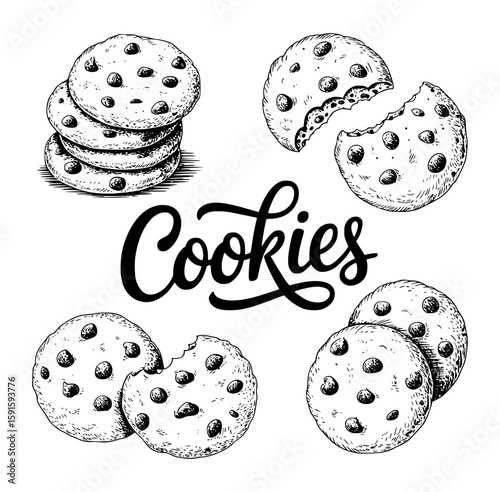Hand drawn cookie illustrations with the word cookies in bold cursive font