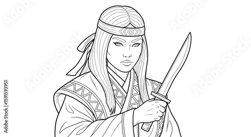 Indigenous Ainu Warrior Woman Tribal Knife Detailed Adult Coloring Page Cultural Heritage