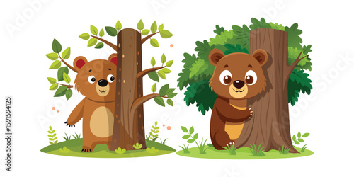 Adorable Bear Playing Peekaboo Behind Tree – Cute Forest Animal Illustration in Minimal Vector Style on White Background, Perfect for Kids and Nature-Themed Designs